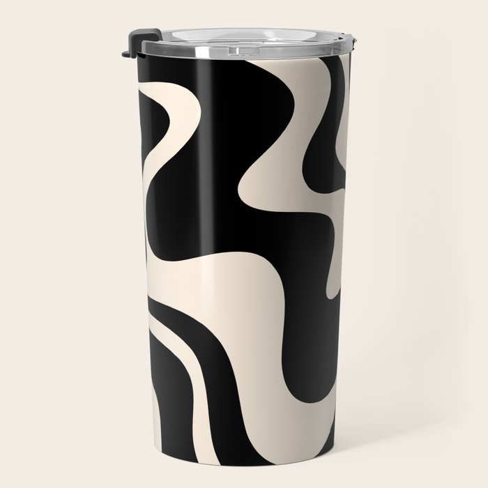 Retro Liquid Swirl Abstract Square 2 in Black and Almond Cream Travel Mug Gallery Image 3