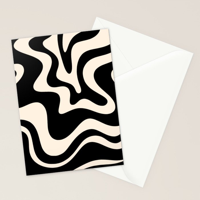 Retro Liquid Swirl Abstract Square 2 in Black and Almond Cream Stationery Card Gallery Image 2