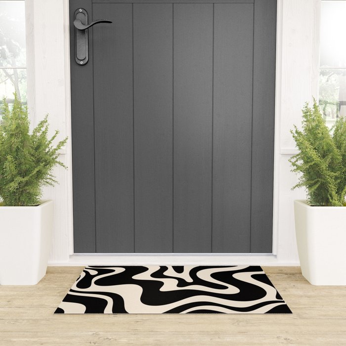 Retro Liquid Swirl Abstract Square 2 in Black and Almond Cream Welcome Mat Gallery Image 3