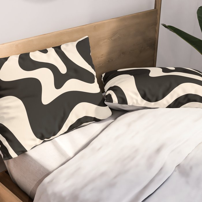 Retro Liquid Swirl Abstract Square 2 in Black and Almond Cream Pillow Sham Gallery Image 2