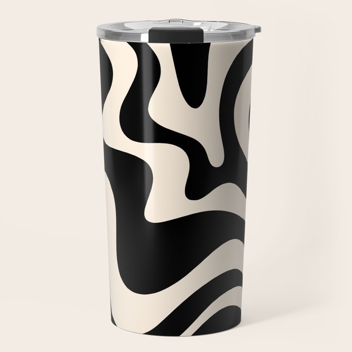 Retro Liquid Swirl Abstract Square 2 in Black and Almond Cream Travel Mug Gallery Image 1