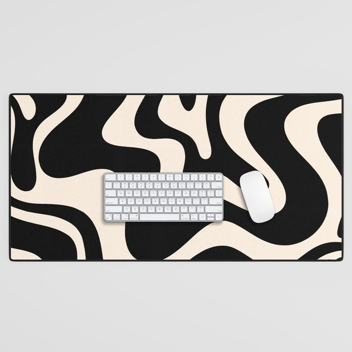 Retro Liquid Swirl Abstract Square 2 in Black and Almond Cream Desk Mat Gallery Image 1