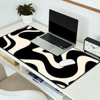 Retro Liquid Swirl Abstract Square 2 in Black and Almond Cream Desk Mat Gallery Image 2
