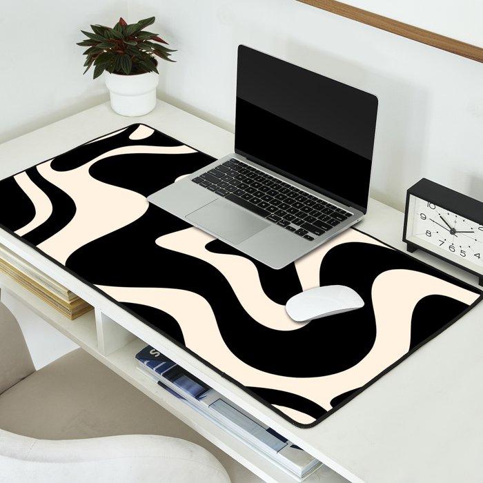 Retro Liquid Swirl Abstract Square 2 in Black and Almond Cream Desk Mat Gallery Image 2