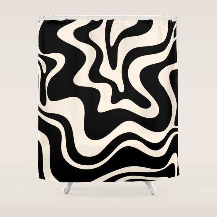 Retro Liquid Swirl Abstract Square 2 in Black and Almond Cream Shower Curtain Gallery Image 1