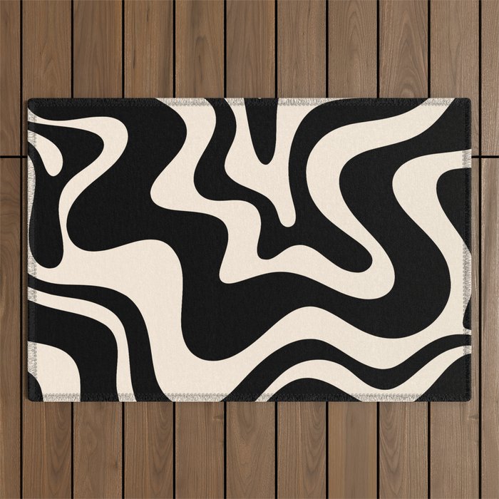 Retro Liquid Swirl Abstract Square 2 in Black and Almond Cream Outdoor Rug Gallery Image 1