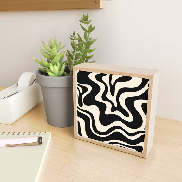 Retro Liquid Swirl Abstract Square 2 in Black and Almond Cream Mini Art Print Gallery Image 2