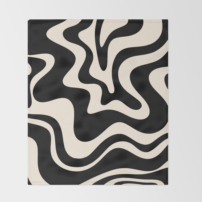 Retro Liquid Swirl Abstract Square 2 in Black and Almond Cream Throw Blanket Gallery Image 2