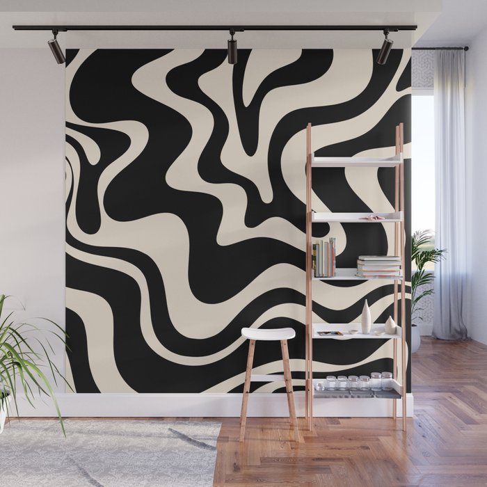 Retro Liquid Swirl Abstract Square 2 in Black and Almond Cream Wall Mural Gallery Image 1