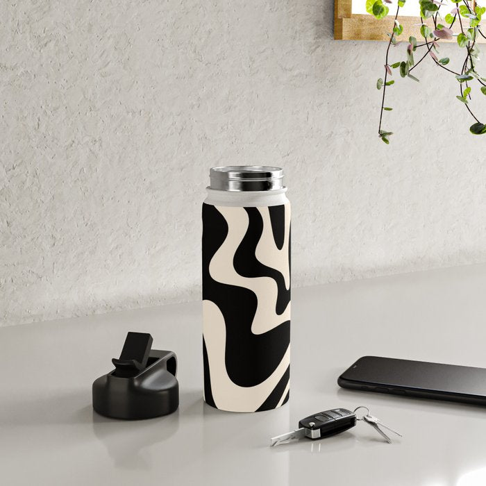 Retro Liquid Swirl Abstract Square 2 in Black and Almond Cream Water Bottle Gallery Image 4