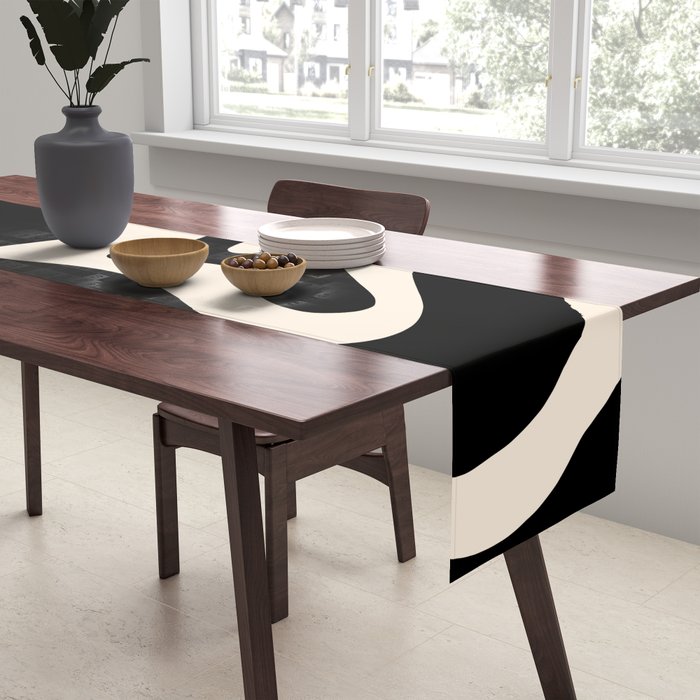 Retro Liquid Swirl Abstract Square 2 in Black and Almond Cream Table Runner Gallery Image 2