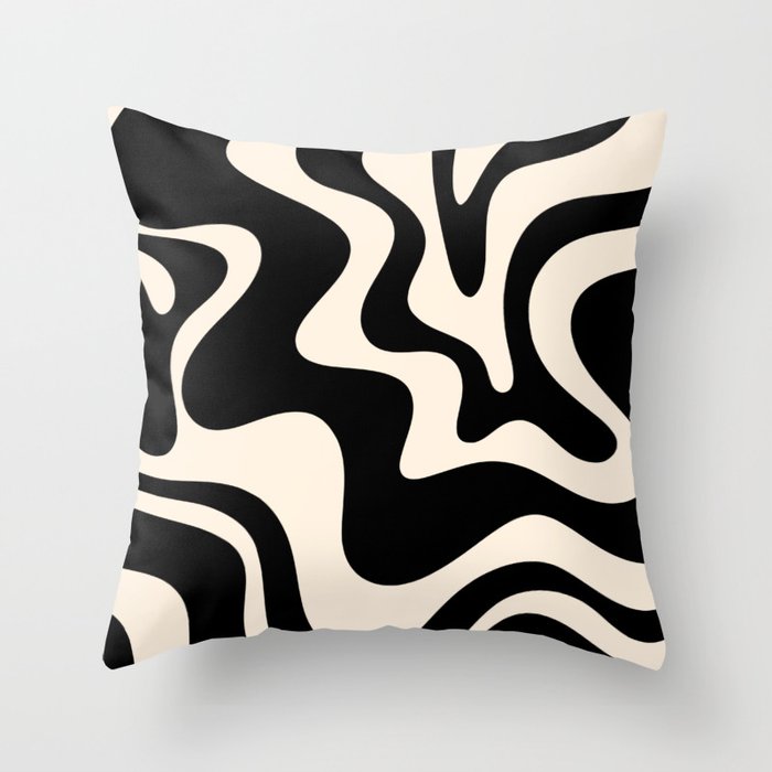 Retro Liquid Swirl Abstract Square 2 in Black and Almond Cream Throw Pillow Gallery Image 1
