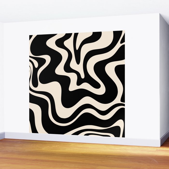 Retro Liquid Swirl Abstract Square 2 in Black and Almond Cream Wall Mural Gallery Image 2