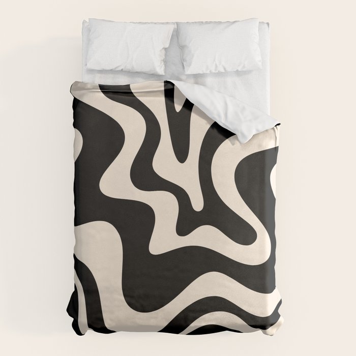 Retro Liquid Swirl Abstract Square 2 in Black and Almond Cream Duvet Cover Gallery Image 1