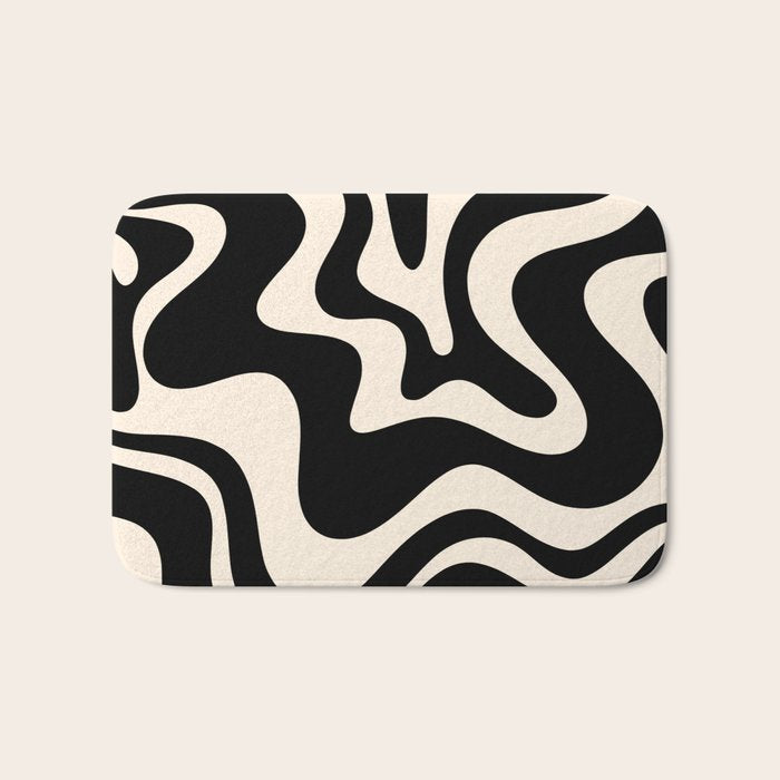 Retro Liquid Swirl Abstract Square 2 in Black and Almond Cream Bath Mat Gallery Image 1