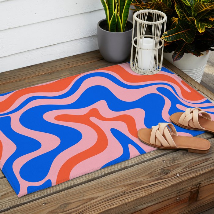 Retro Liquid Swirl Abstract Pattern in Pink, Red-Orange, and Bright Blue Outdoor Rug Gallery Image 2