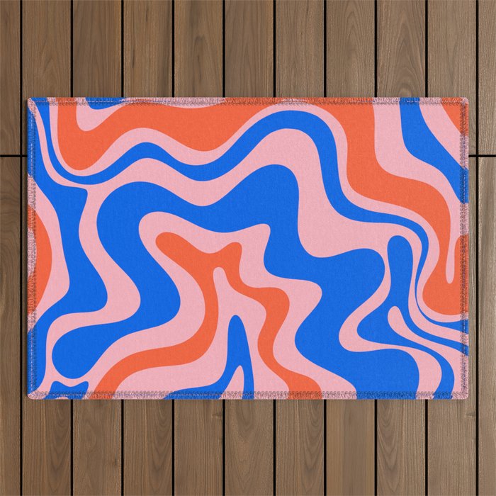 Retro Liquid Swirl Abstract Pattern in Pink, Red-Orange, and Bright Blue Outdoor Rug Gallery Image 1