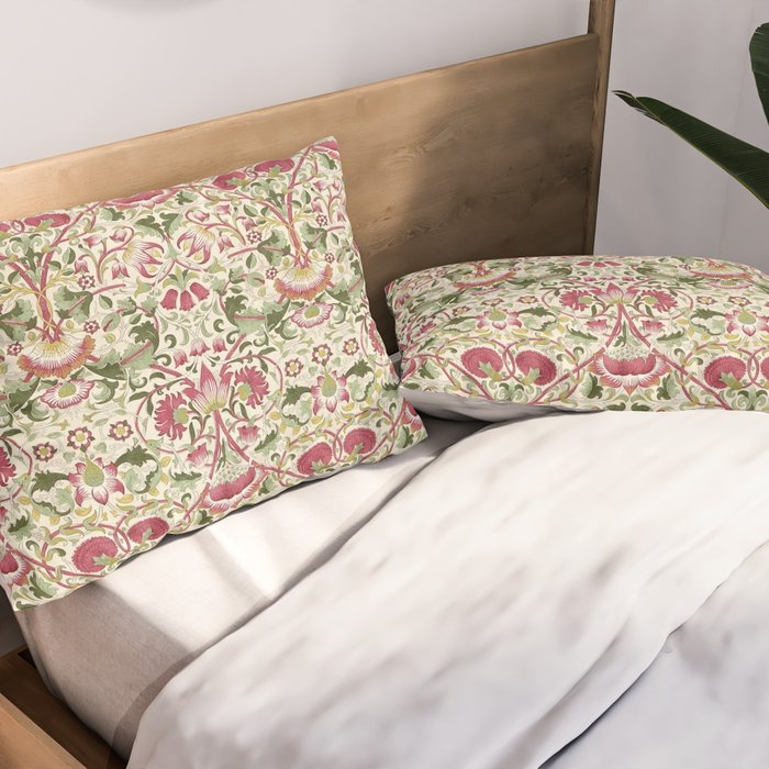 William Morris Vintage Lodden Rose Pink Thyme Green Floral Pattern Pillow Sham Gallery Image 2