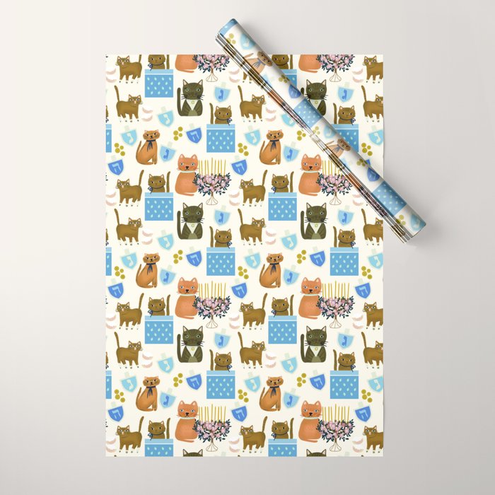 Cream Hanukkah Cats Wrapping Paper Gallery Image 1