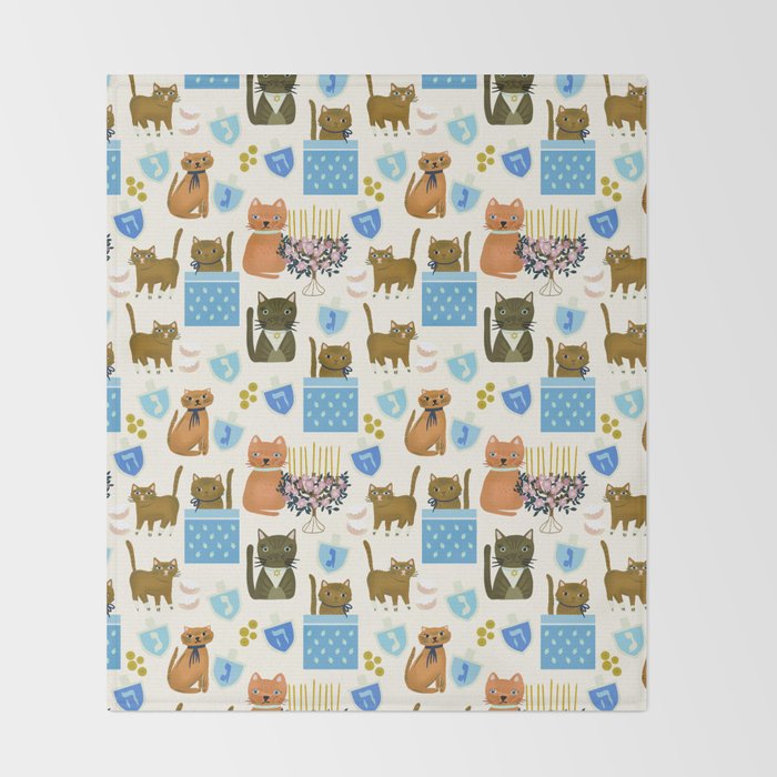 Cream Hanukkah Cats Throw Blanket Gallery Image 2