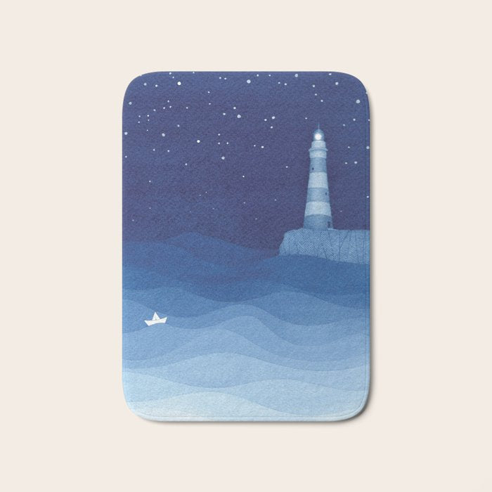 Lighthouse & the paper boat, blue ocean Bath Mat Gallery Image 1