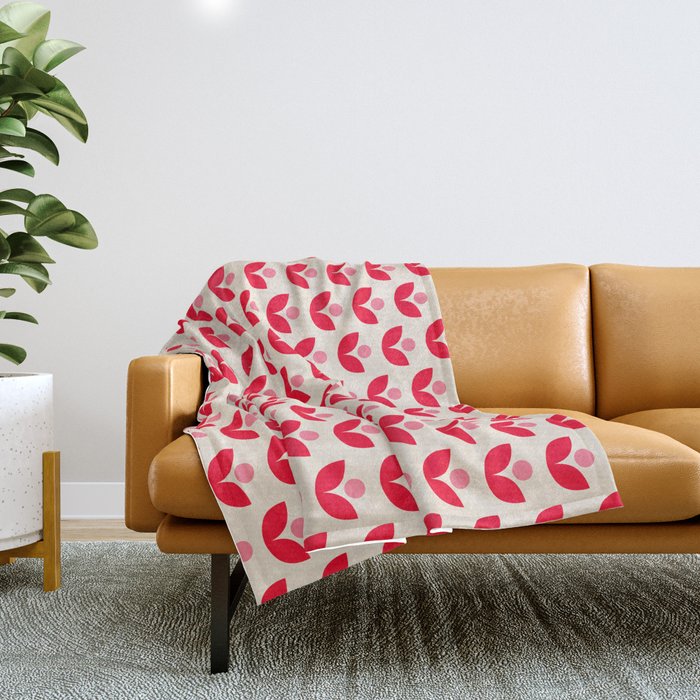 Scandi Folk Tulip Pattern in Pink and Red Throw Blanket Gallery Image 1