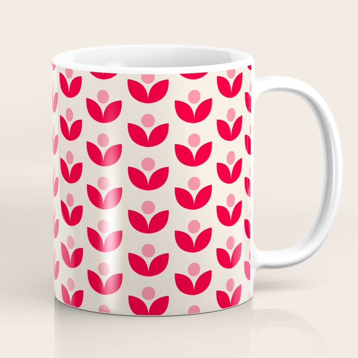 Scandi Folk Tulip Pattern in Pink and Red Coffee Mug Gallery Image 1