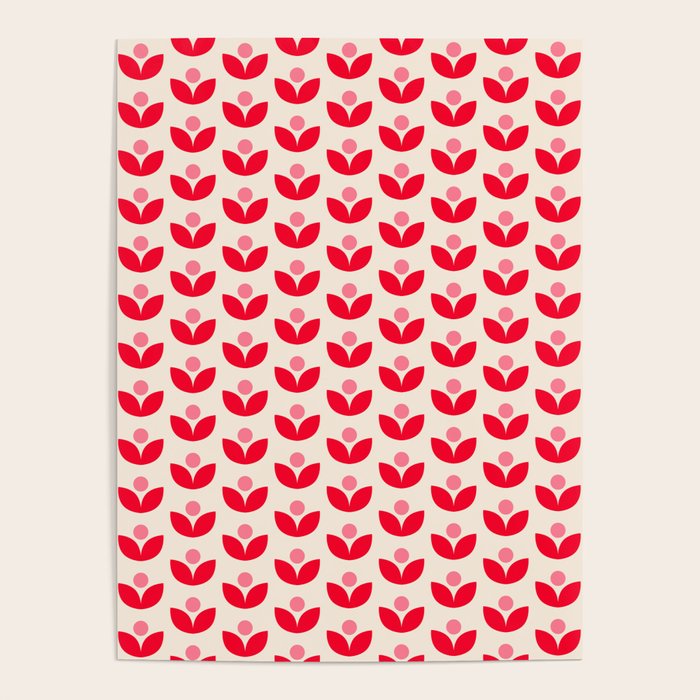 Scandi Folk Tulip Pattern in Pink and Red Poster Gallery Image 4