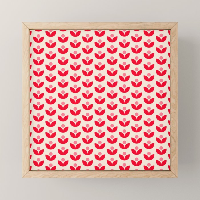 Scandi Folk Tulip Pattern in Pink and Red Mini Art Print Gallery Image 1
