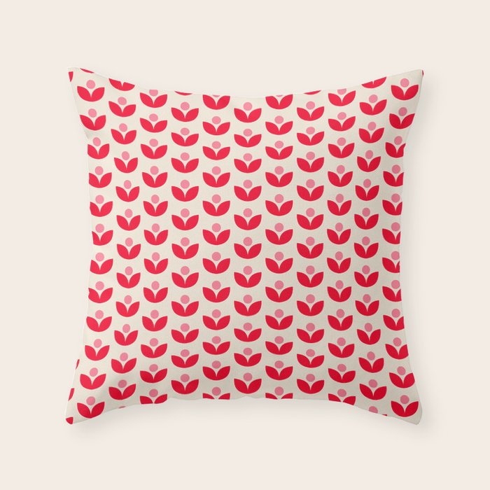 Scandi Folk Tulip Pattern in Pink and Red Throw Pillow Gallery Image 1