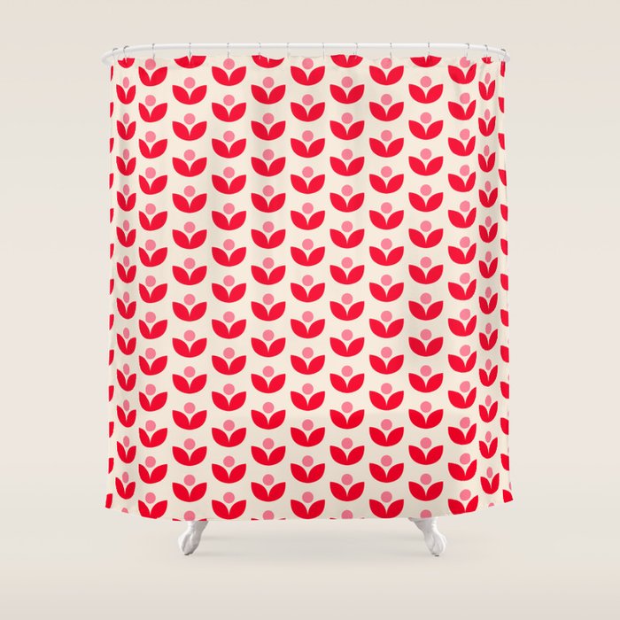 Scandi Folk Tulip Pattern in Pink and Red Shower Curtain Gallery Image 1