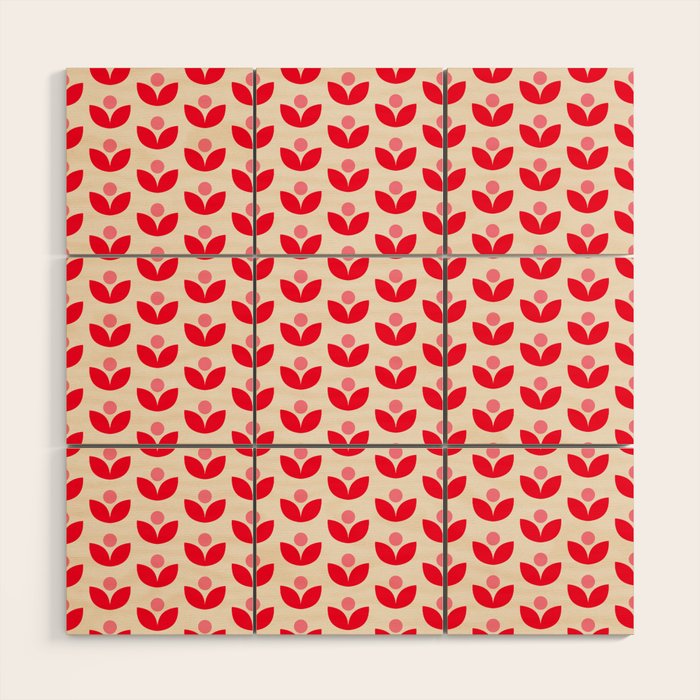 Scandi Folk Tulip Pattern in Pink and Red Wood Wall Art Gallery Image 1
