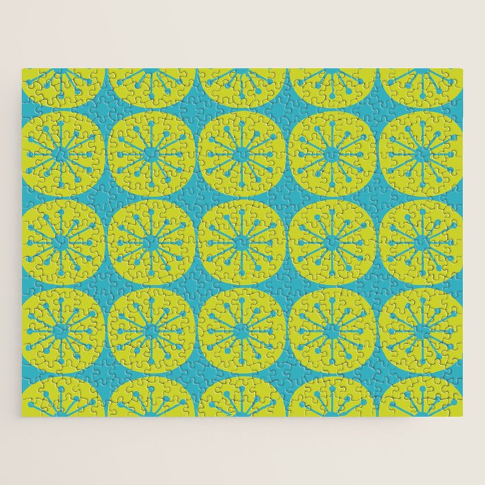 Mid Century Modern Atomic Dots Retro Pattern Lime Turquoise Jigsaw Puzzle Gallery Image 1