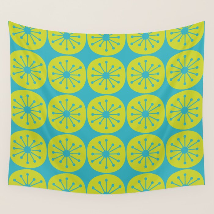 Mid Century Modern Atomic Dots Retro Pattern Lime Turquoise Wall Tapestry Gallery Image 1