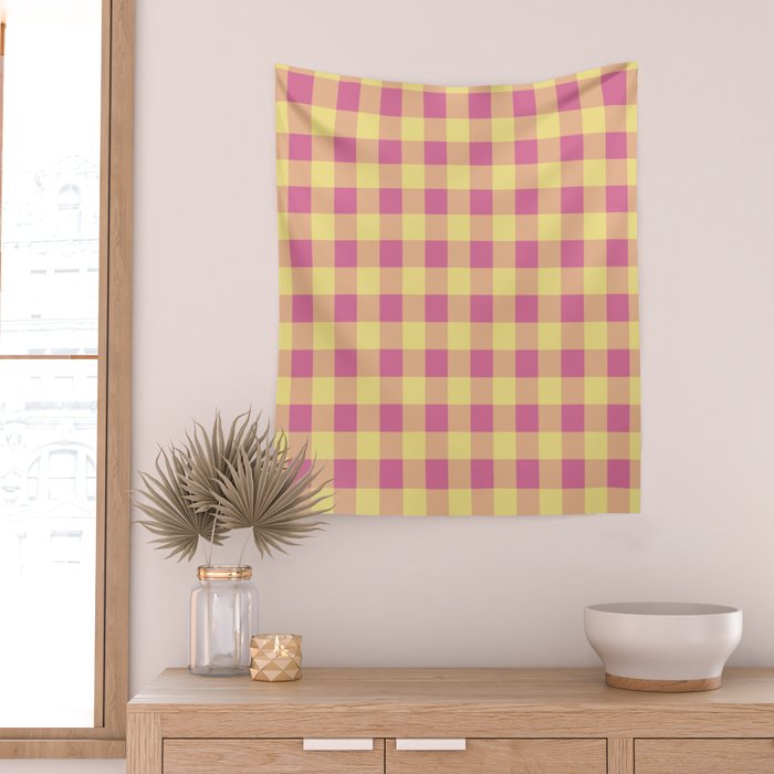 Gingham Large Pink Orange Yellow Wall Tapestry Gallery Image 2
