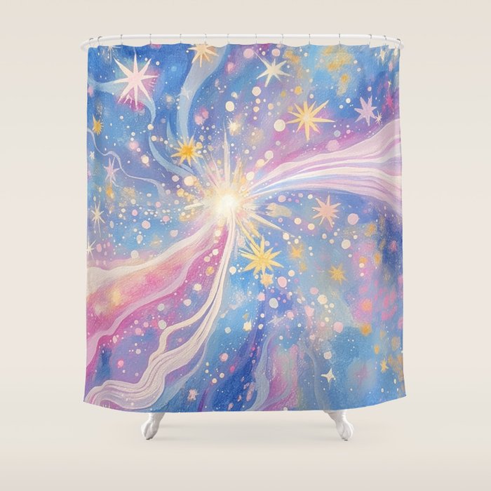 Celestial Burst in Pastel Galaxy Ethereal Starry Night Sky Shower Curtain Gallery Image 1