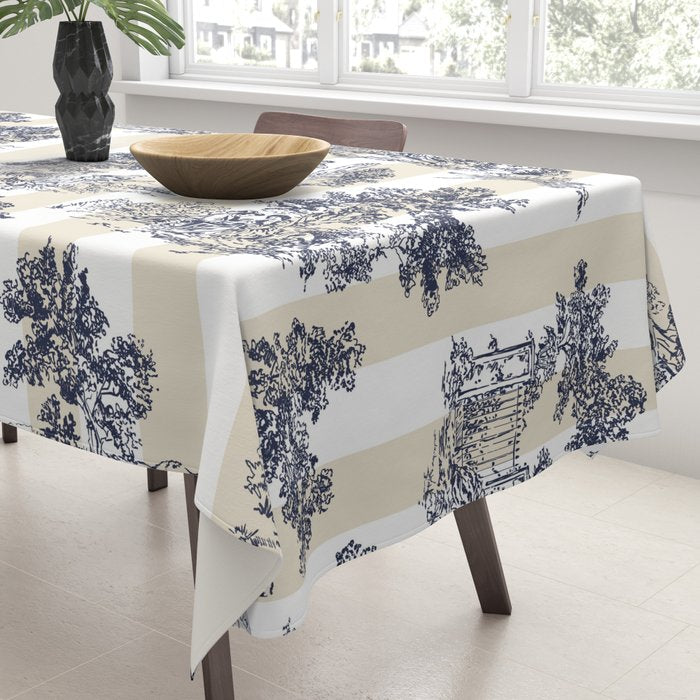 Toile de Jouy Vintage French Beige Cream & White Stripe Tablecloth Gallery Image 3