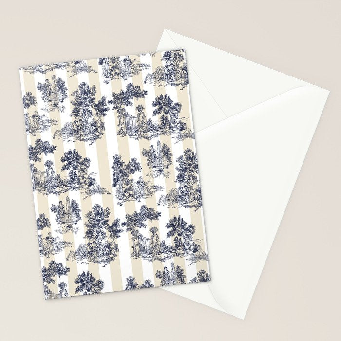 Toile de Jouy Vintage French Beige Cream & White Stripe Stationery Card Gallery Image 2