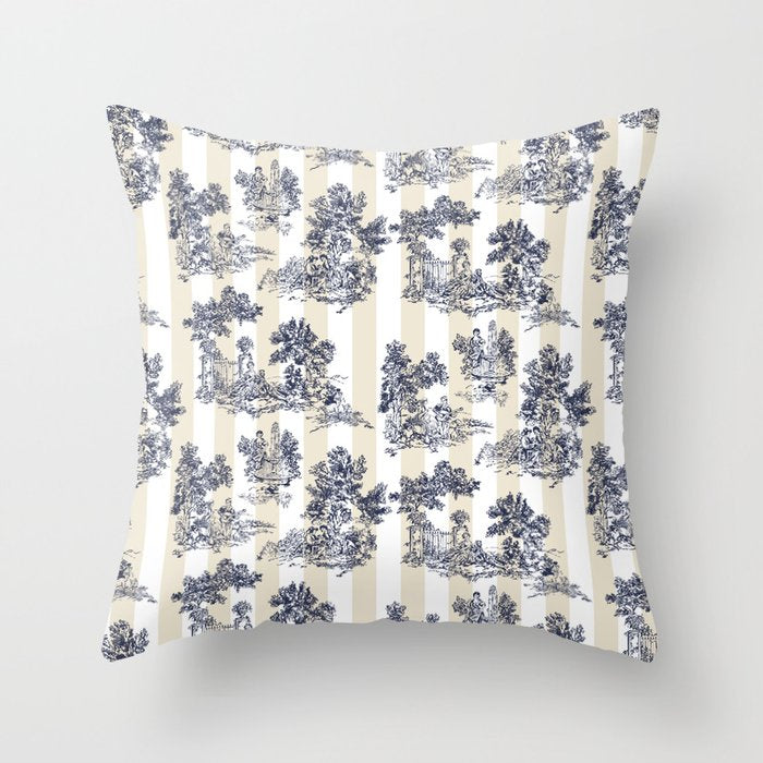 Toile de Jouy Vintage French Beige Cream & White Stripe Throw Pillow Gallery Image 1