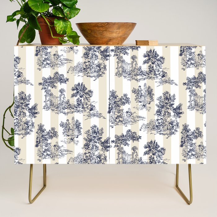 Toile de Jouy Vintage French Beige Cream & White Stripe Credenza Gallery Image 1
