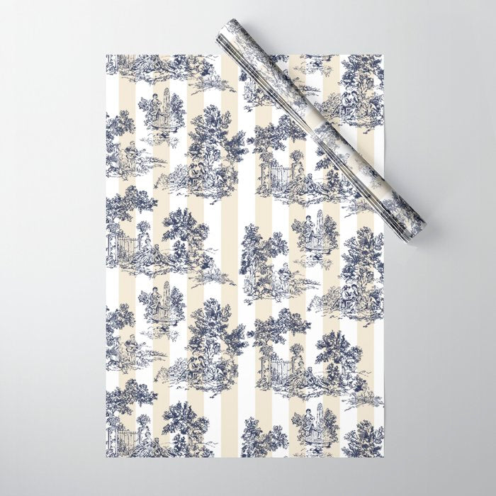 Toile de Jouy Vintage French Beige Cream & White Stripe Wrapping Paper Gallery Image 1