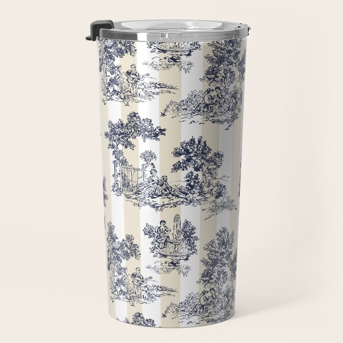 Toile de Jouy Vintage French Beige Cream & White Stripe Travel Mug Gallery Image 3