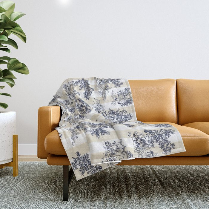 Toile de Jouy Vintage French Beige Cream & White Stripe Throw Blanket Gallery Image 1