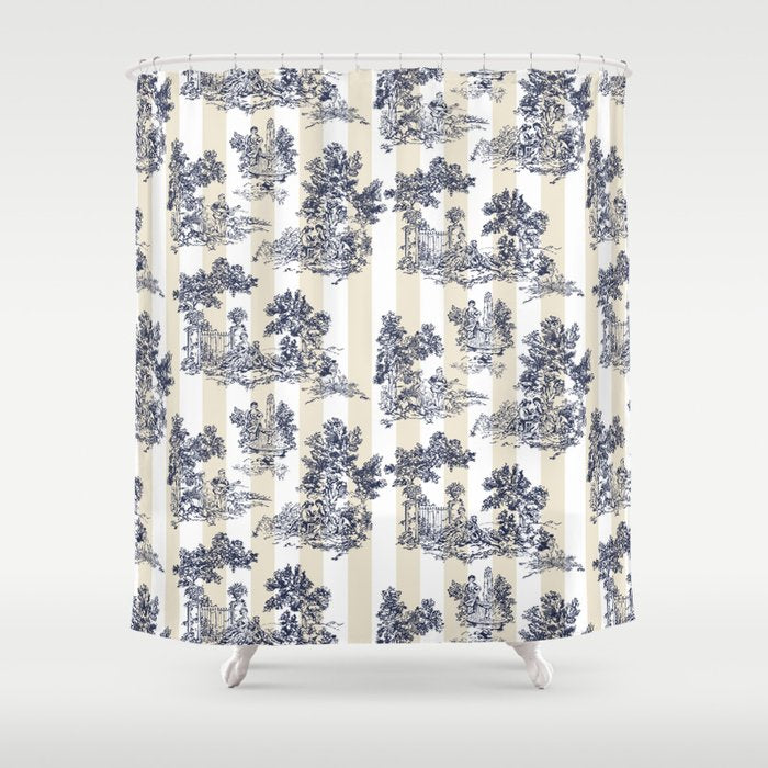 Toile de Jouy Vintage French Beige Cream & White Stripe Shower Curtain Gallery Image 1