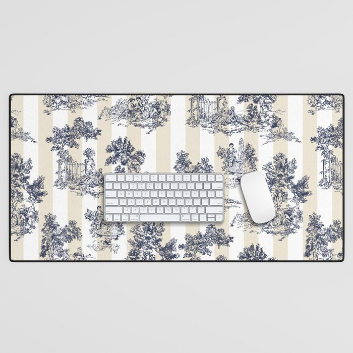 Toile de Jouy Vintage French Beige Cream & White Stripe Desk Mat Gallery Image 1