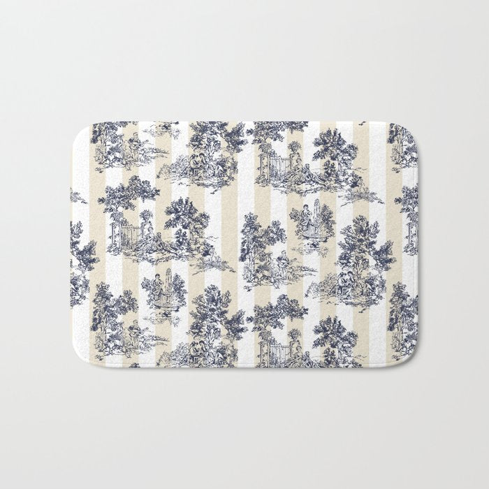 Toile de Jouy Vintage French Beige Cream & White Stripe Bath Mat Gallery Image 1