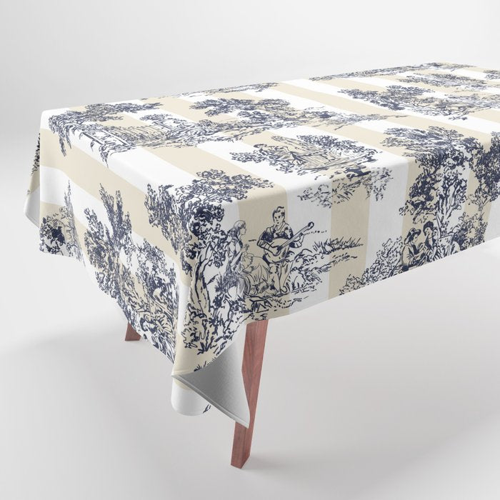 Toile de Jouy Vintage French Beige Cream & White Stripe Tablecloth Gallery Image 1