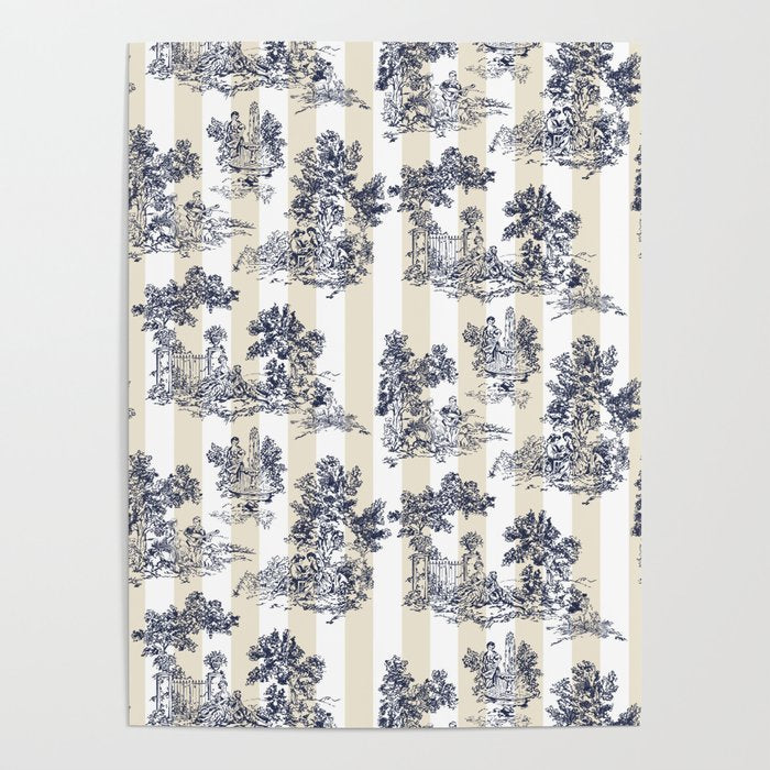 Toile de Jouy Vintage French Beige Cream & White Stripe Poster Gallery Image 1