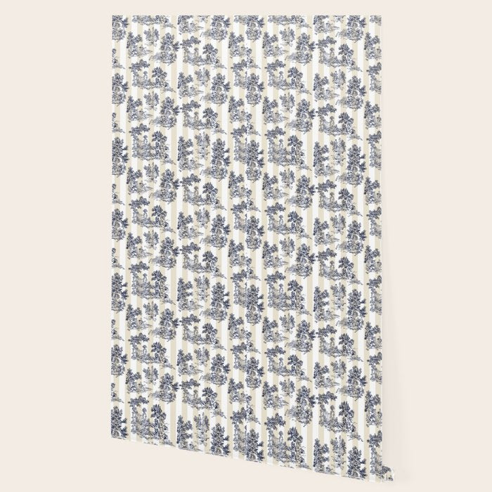 Toile de Jouy Vintage French Beige Cream & White Stripe Wallpaper Gallery Image 2