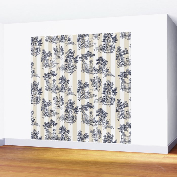 Toile de Jouy Vintage French Beige Cream & White Stripe Wall Mural Gallery Image 2